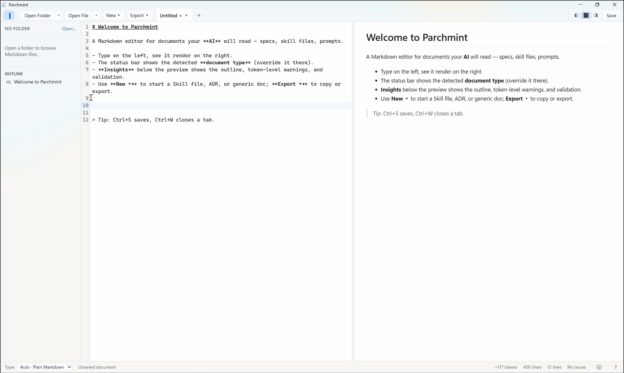 Parchmint editing a Markdown document: raw source on the left, the honest preview on the right, with a live outline, token estimate and lint warnings.